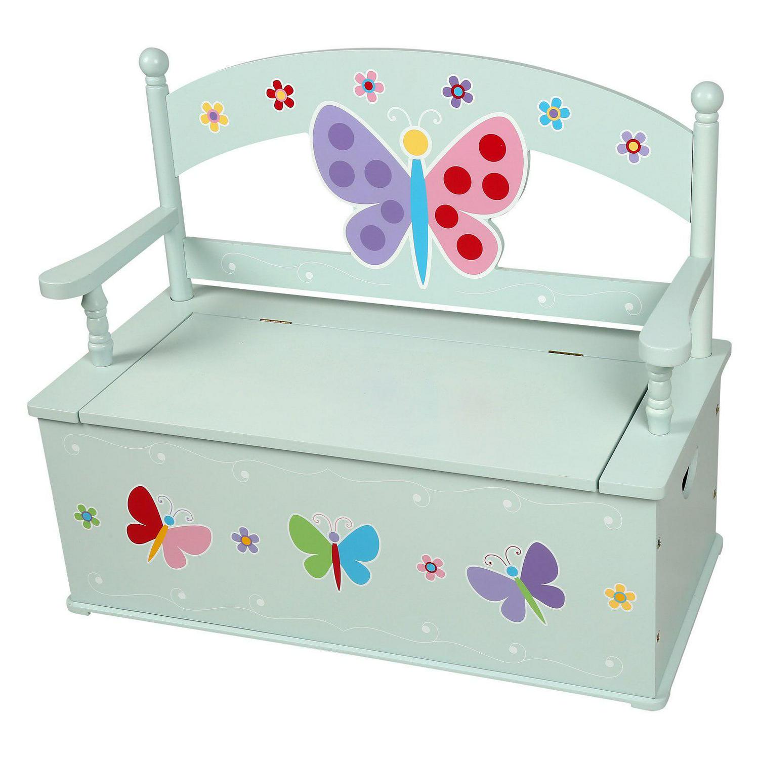 Wildkin Butterfly Garden Bench with Storage, Blue – Whimsical Design, Safety Hinge, Indoor Use