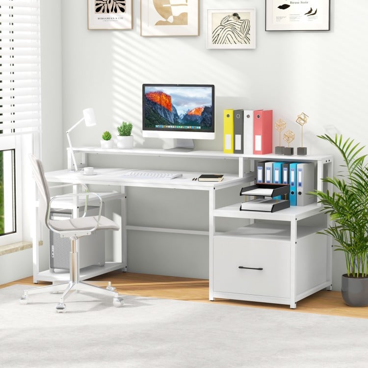 67 Inch Computer Desk with Monitor Stand & File Drawer
