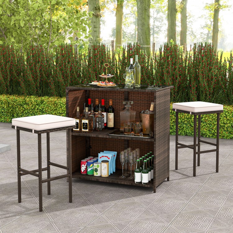 3 Pcs Patio Bar Set with Tempered Glass Tabletop