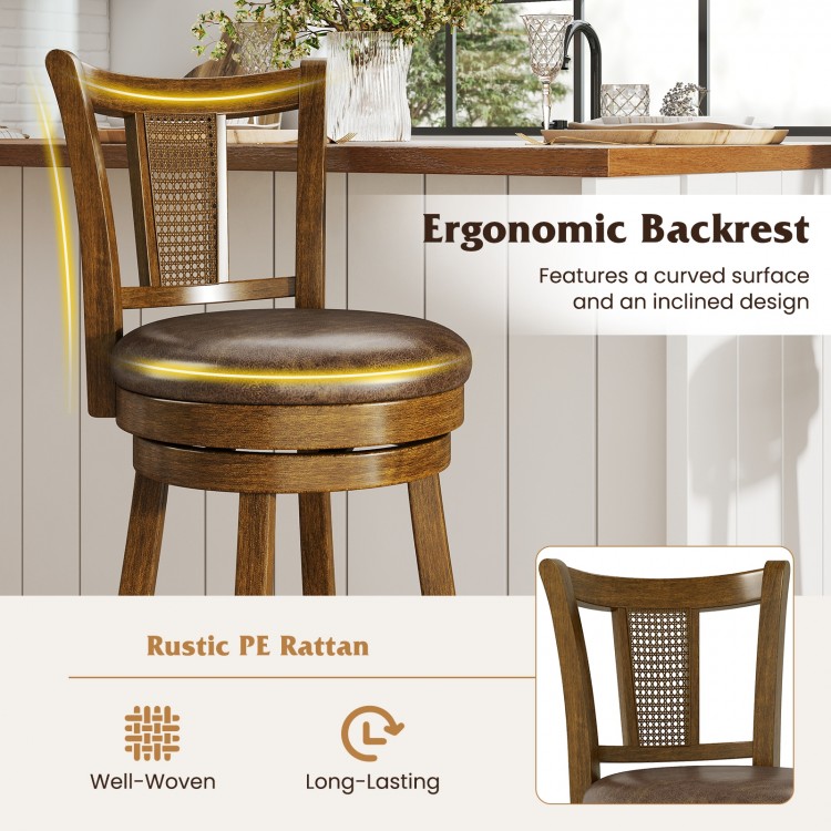 25/30 Inch Set of 2 Bar Stools with PE Rattan Backrest and Rubber Wood Frame