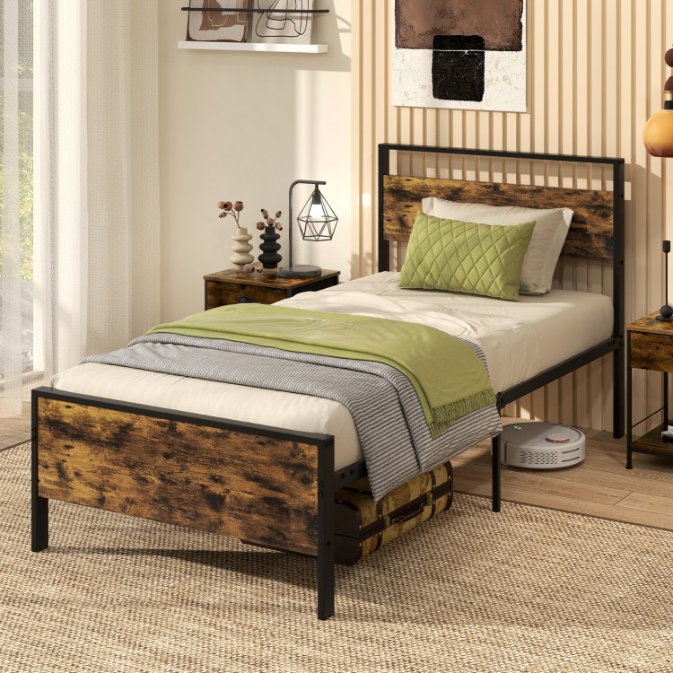 Twin/Full/Queen/King Metal Bed Frame Industrial Platform Bed with Wooden Headboard