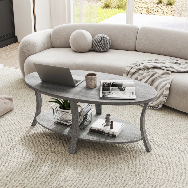 Oval Coffee Table 2-Tier Center Table with Storage Shelf
