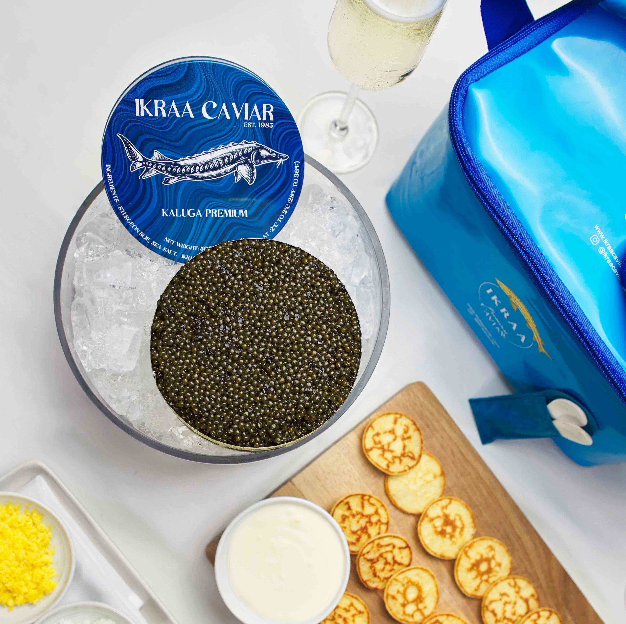 IKRAA Caviar Picnic Pack for Two with French Blinis, Truffle Butter & Pearl Spoons, 4 oz Premium Caviar
