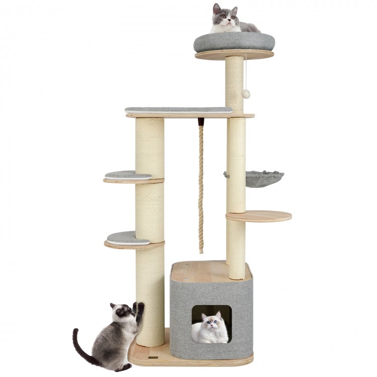 63 Inch Tall Cat Tree Modern Wooden Cat Tower with Perch Condo Hammock