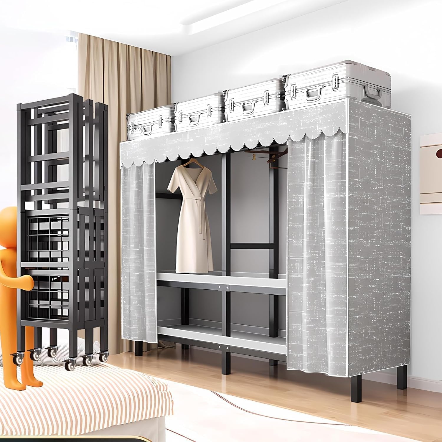 190 cm stofskab bærbar garderobe med dækning, 500 kg, foldbar garderobe med tøjstang, foldeskab med lynlås, stofskab til soveværelse (A, 190 x 52 x 170 cm)