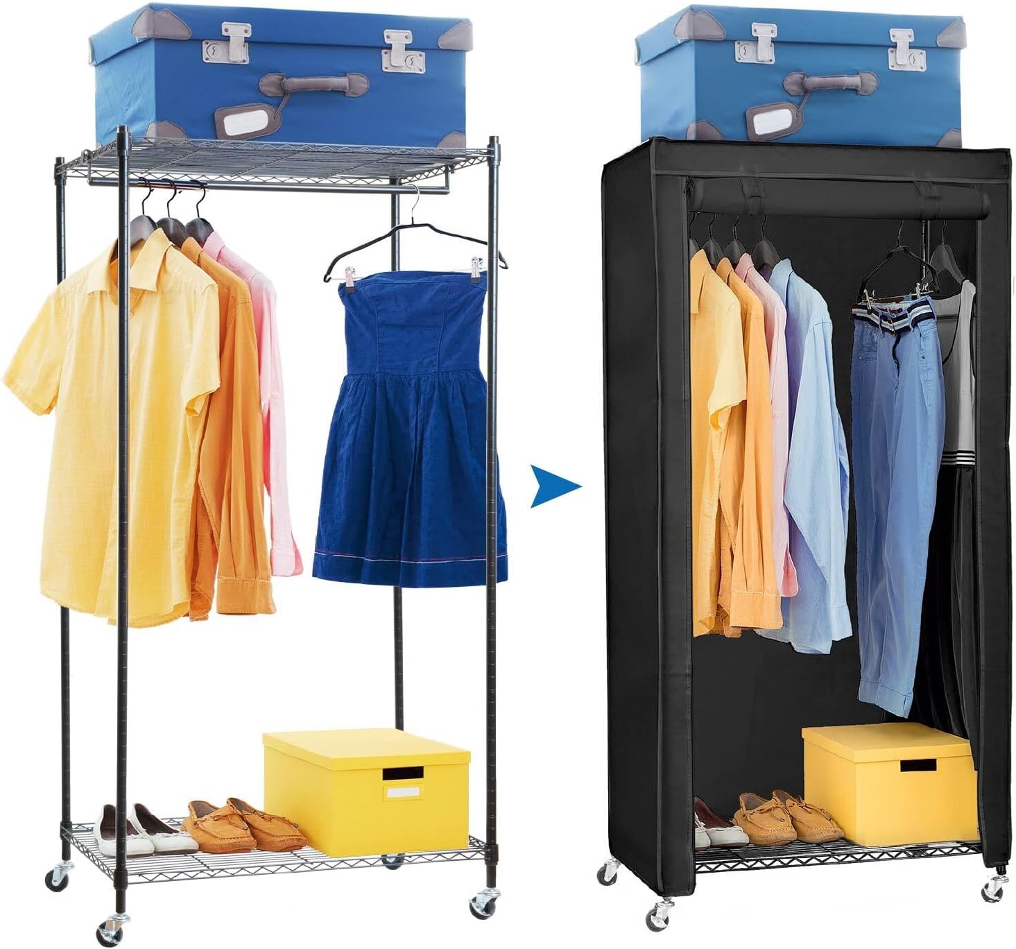 art moon Buffalo - Kraftig foldeskab med ruller, op til 70 kg, tøjstativ med etui, stofskab med 2 hylder og tøjstang, stål, grå