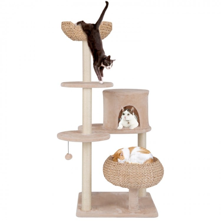 59 Inches Cattail Cat Tower with Sisal Scratching Posts and Soft Hammock