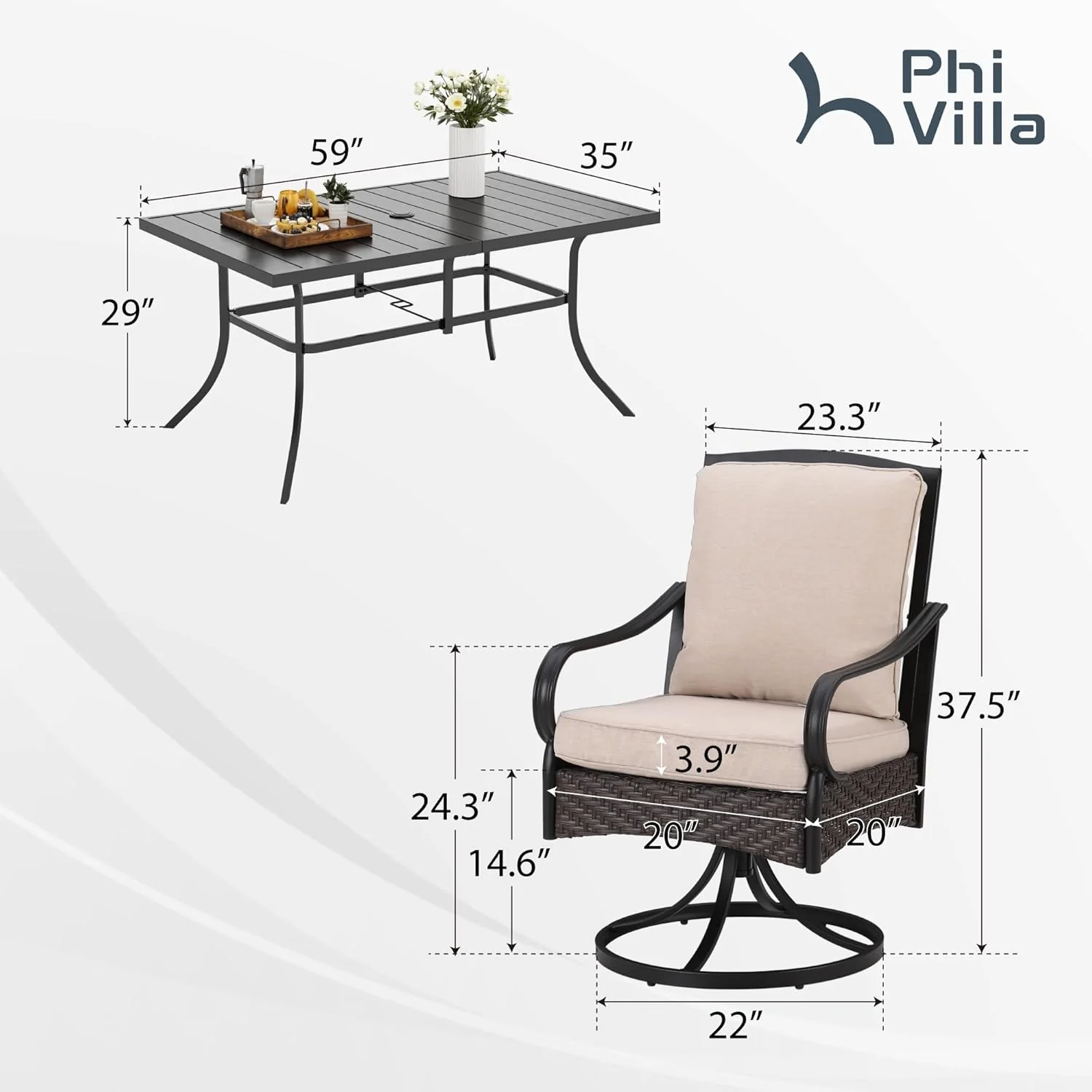 PHI VILLA 6-Piece Outdoor Dining Sets, All-Weather Patio Table and Chairs Set with Umbrella for 4, Heavy Duty Patio Round Table Set for Deck, 4 Extra Large Outdoor Swivel Chairs with Thick Cushions