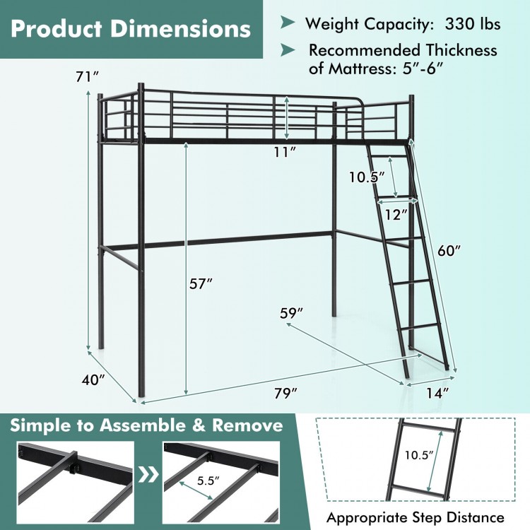 Twin Metal Loft Bed with Ladderand High Guard Rails