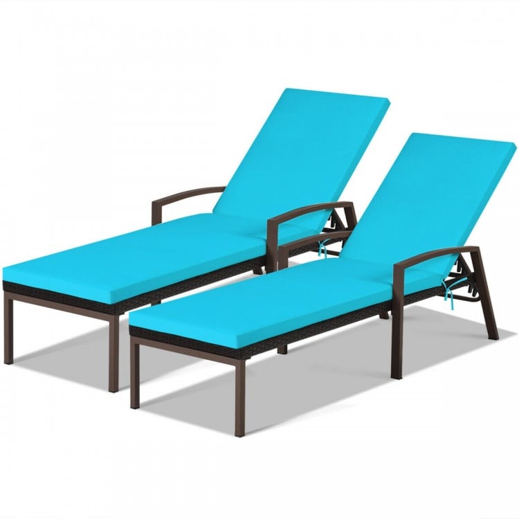 2 Pieces Patio Rattan Reclining Chaise Lounge Chair with Cushion and Armrest