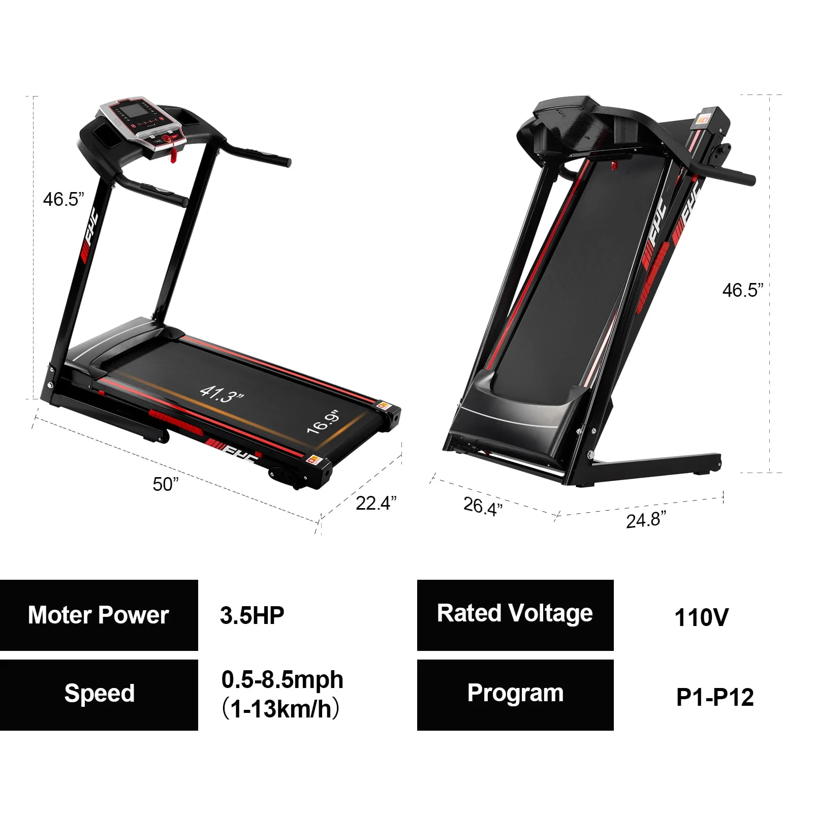 FYC 3.5HP Folding Treadmill with Incline, 330 lbs Capacity, 12 Programs for Home Exercise