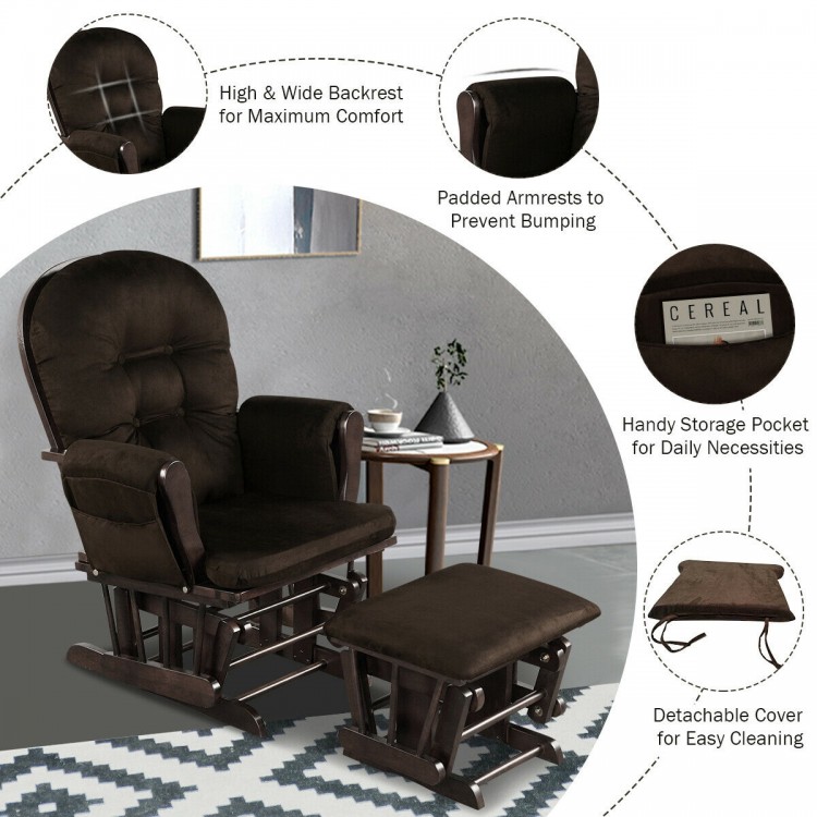 Wood Glider and Ottoman Set with Padded Armrests and Detachable Cushion
