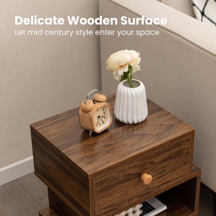 Set of 2 Irregular 2-Tier Wooden Nightstands with Elevated Metal Feet