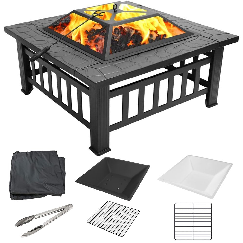 UHOMEPRO 32′′ Outdoor Fire Pit Table, Rust-Resistant Steel, Mesh Lid, BBQ Net, Ice Tray, Cover Included