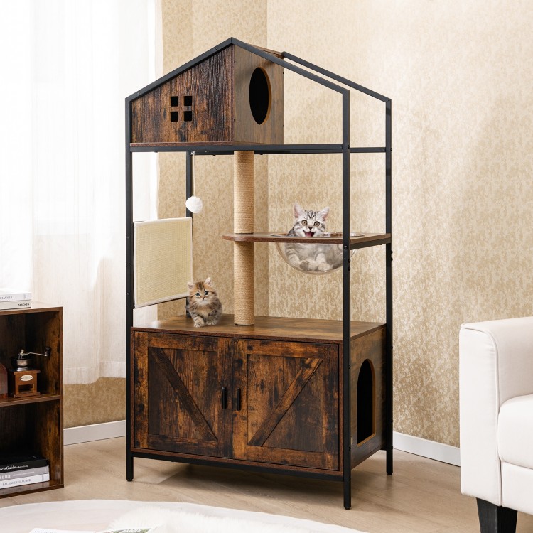 Cat Tree with Litter Box Enclosure Industrial Cat Tower Multi-level Cat Condo Furniture for Indoor Cats