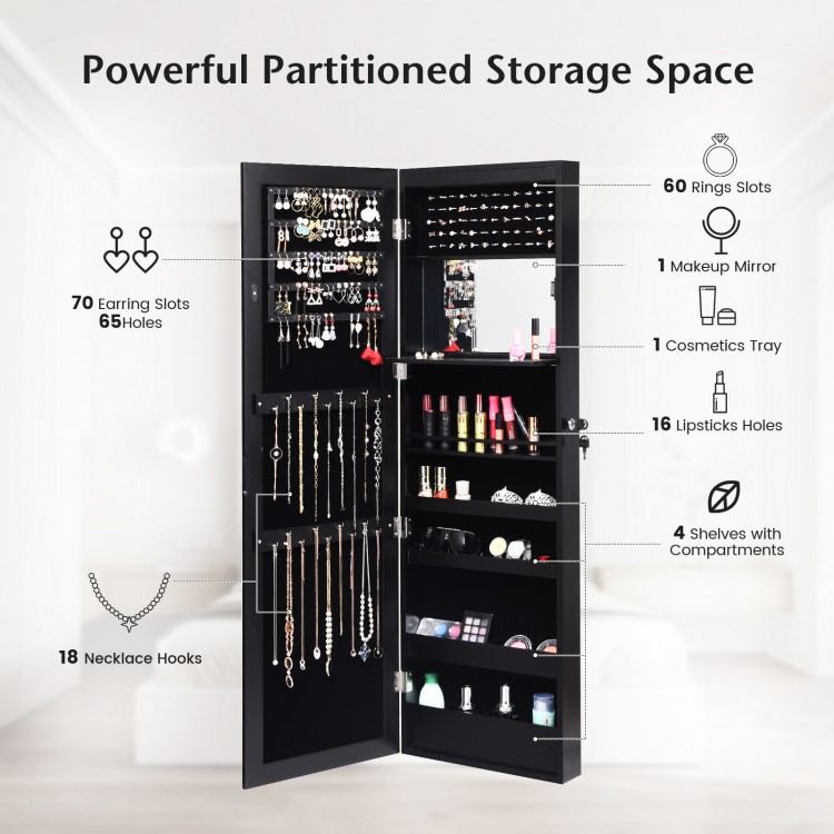 Lockable Wall Door Mounted Mirror Jewelry Cabinet with LED Lights