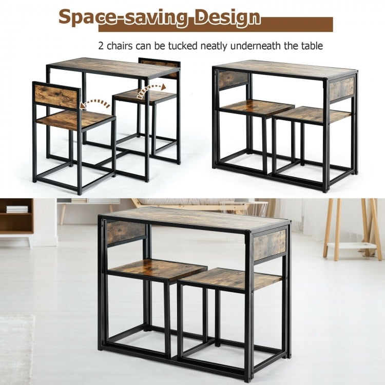 3 Pieces Dining Set Compact Table and 2 Chair with Metal Frame for Small Space