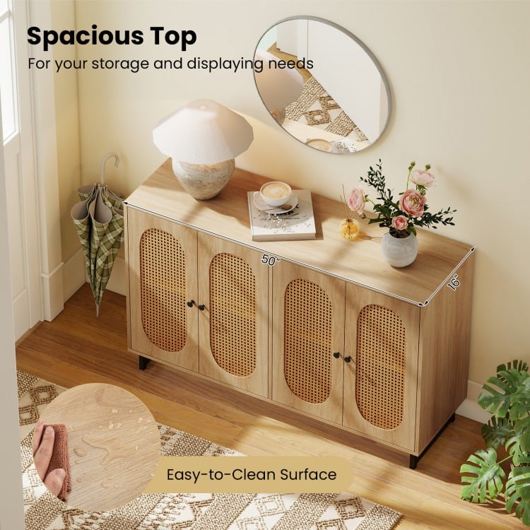 50 Inch Buffet Sideboard Cabinet with 4 Rattan Doors and Adjustable Shelves
