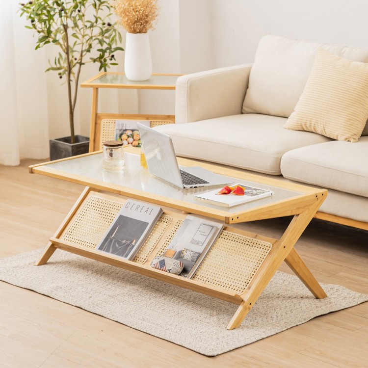 Z-Shaped Handwoven Bamboo Coffee Table with Tempered Glass Top