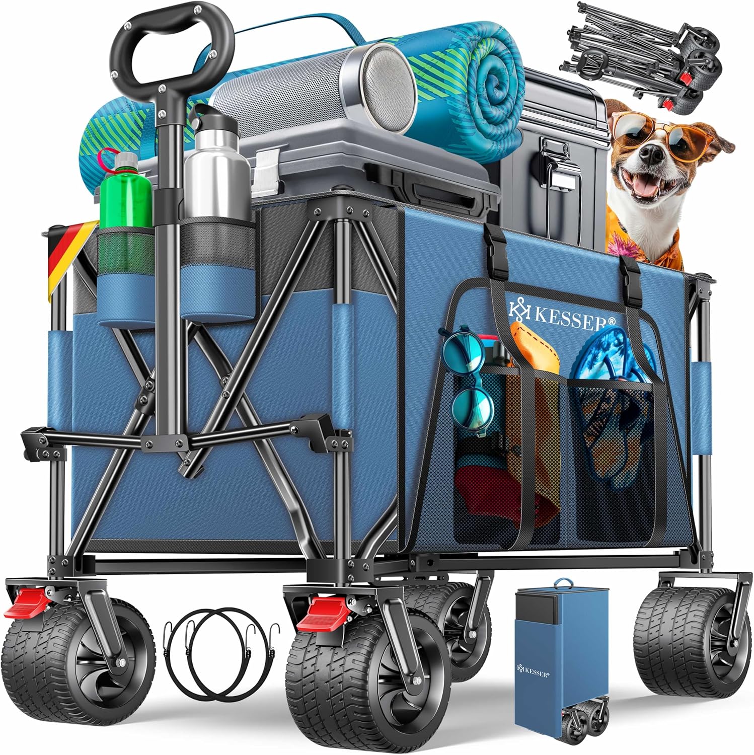 KESSER® Bollerwagen GTR9000 håndvogn 200 kg | 300L opbevaringsplads transportbil foldbar bredde 360° lufthjul og parkeringsbremser vejrbestandig strandvogn inkl dæksel, sidelomme og kopholder