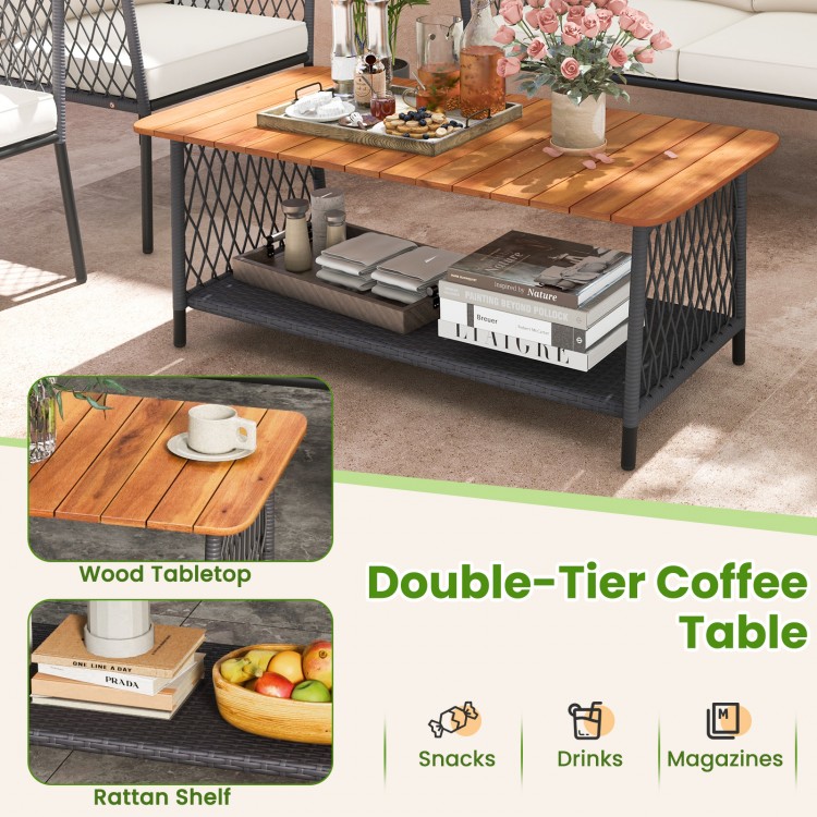 4 Piece Patio Rattan Furniture Set with 2-Tier Coffee Table