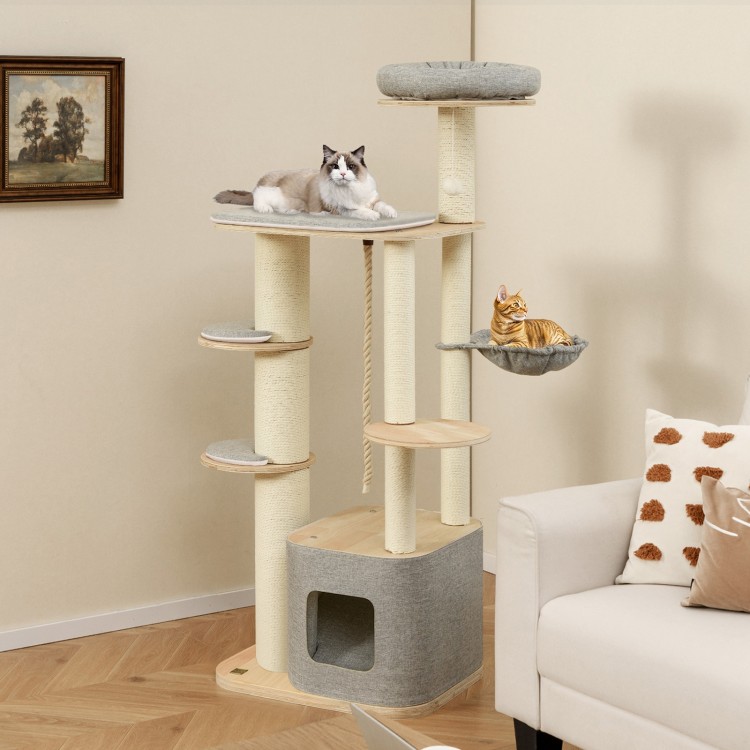 63 Inch Tall Cat Tree Modern Wooden Cat Tower with Perch Condo Hammock