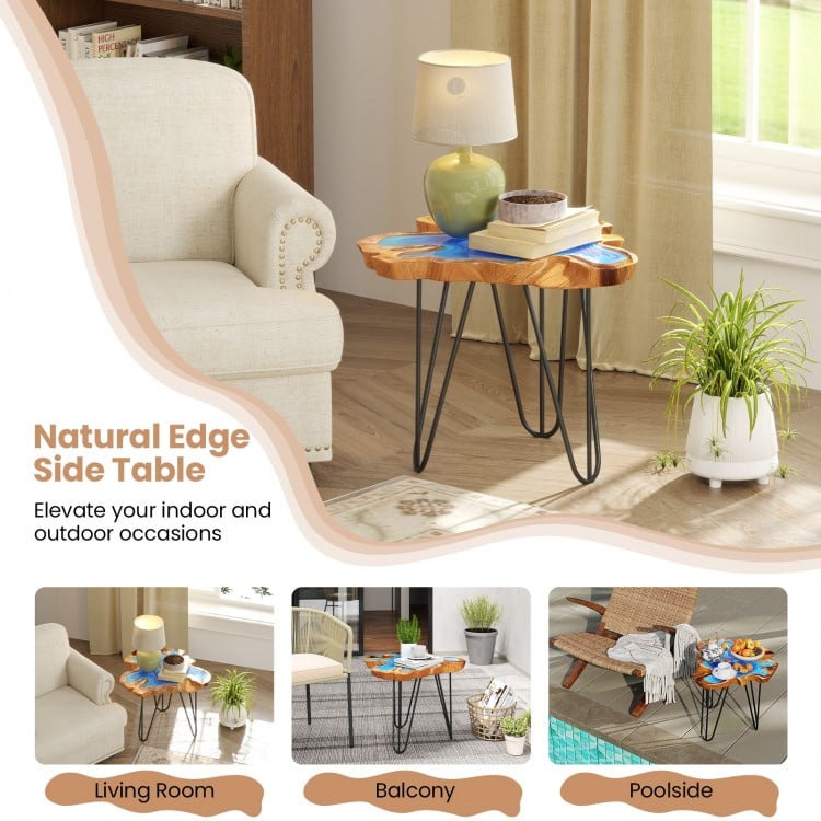 21 Inch Outdoor Epoxy Resin Teak Wood End Table with Irregular Tabletop