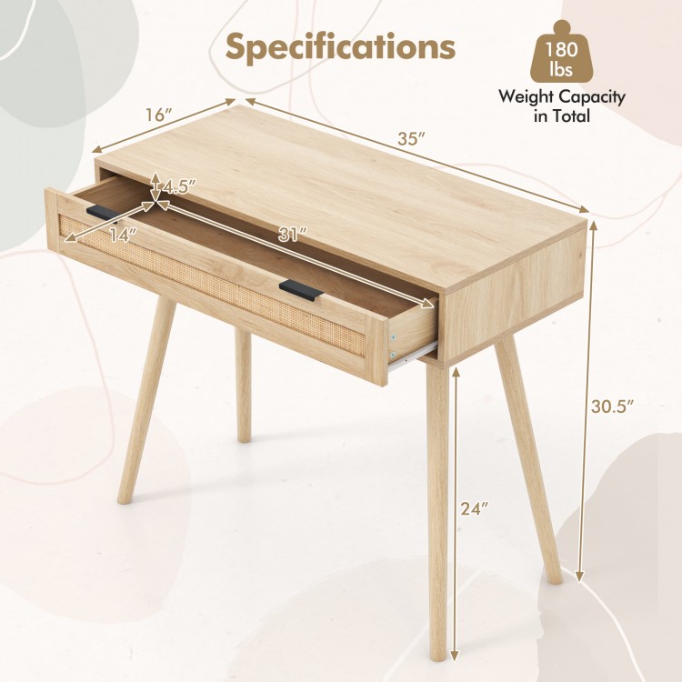 Rattan Console Table with Pull-out Drawer Boho Style Entryway Table