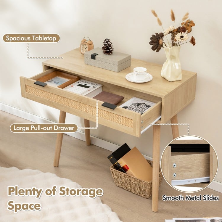Rattan Console Table with Pull-out Drawer Boho Style Entryway Table