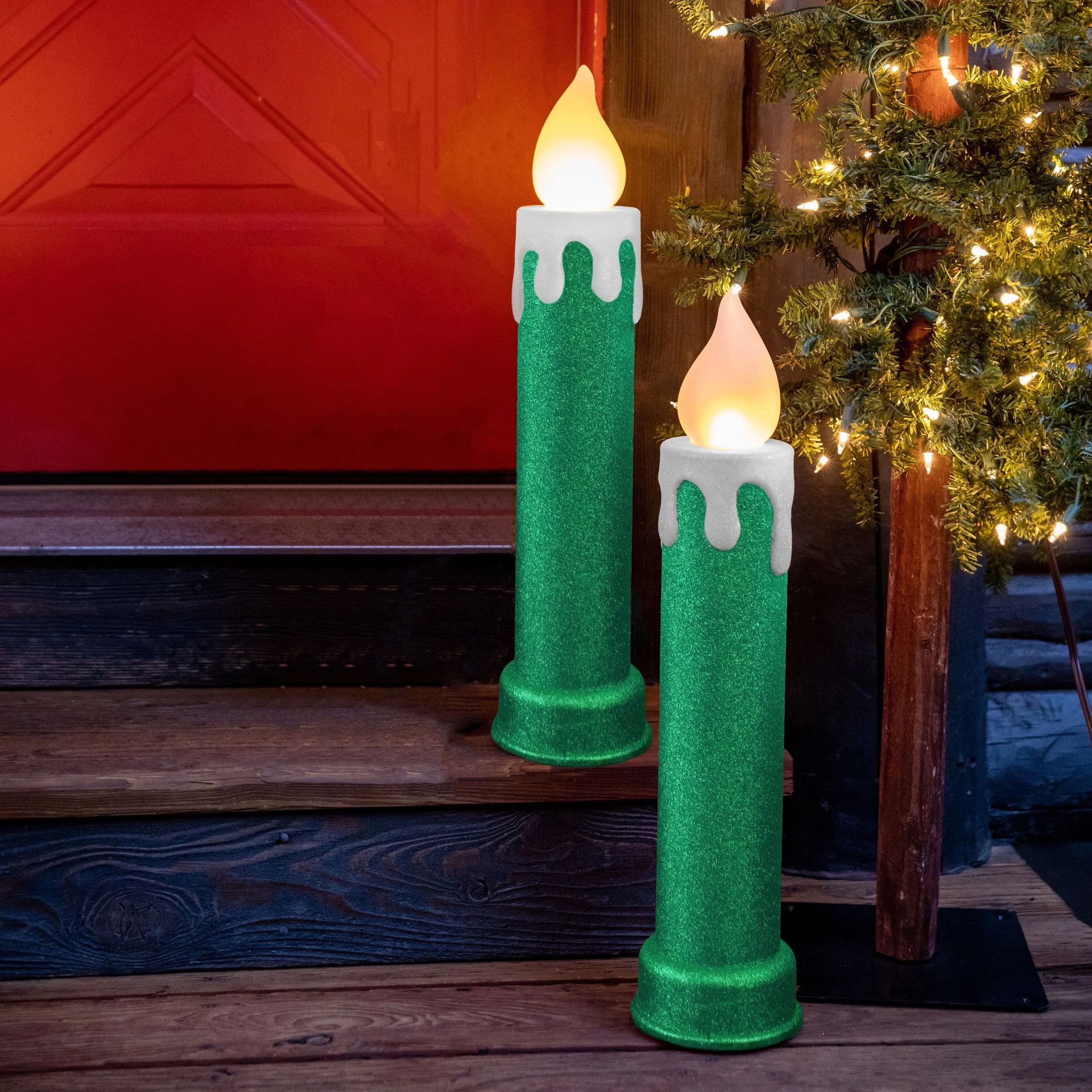 Mr. Christmas 24′′ Green Blow Mold Candles Set of 2 with LED Flickering Flame for Indoor/Outdoor Holiday Decor