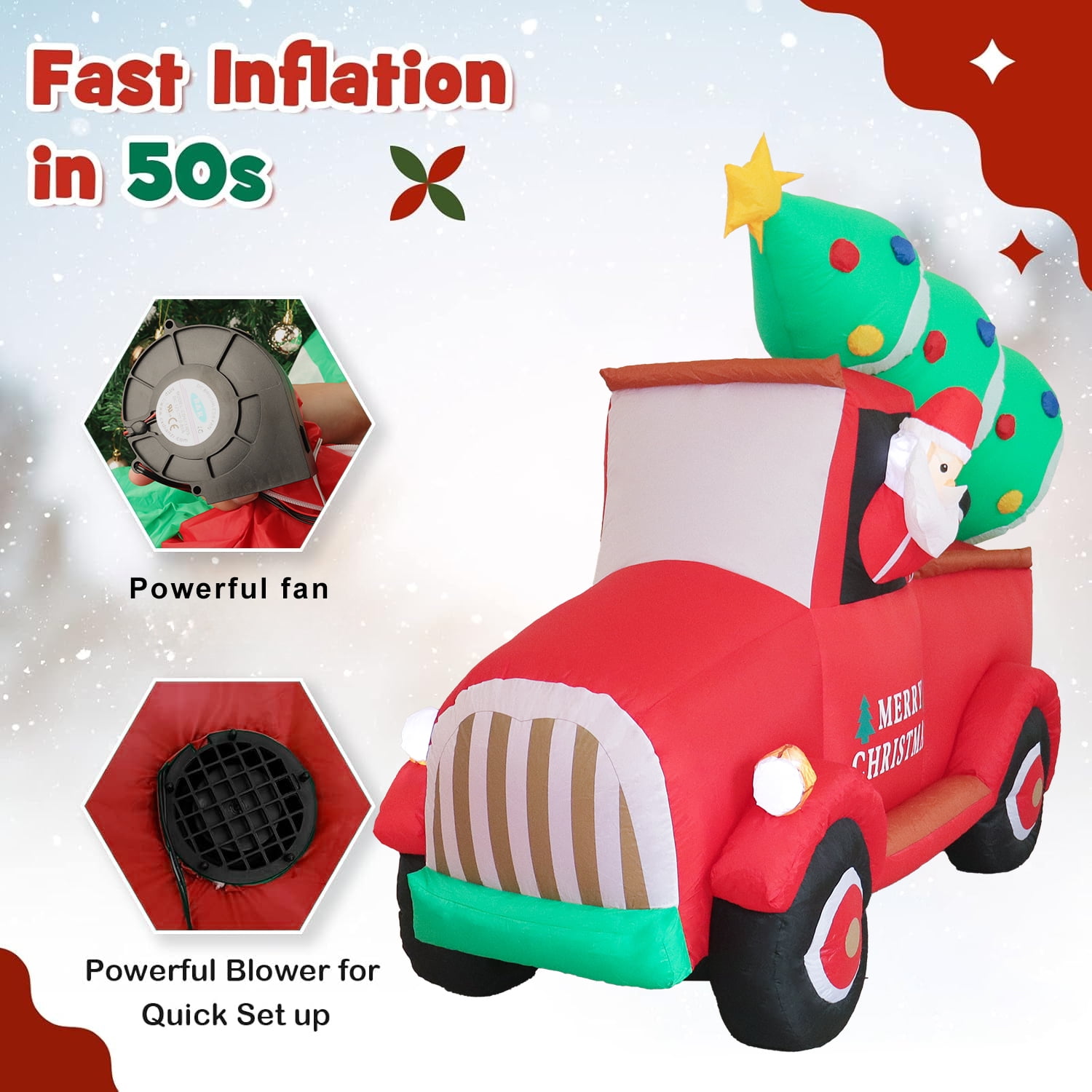 Inadays Christmas Inflatable Santa Red Truck Outdoor Decor, 7.2 x 6 x 3 ft, Weather-Resistant Fabric