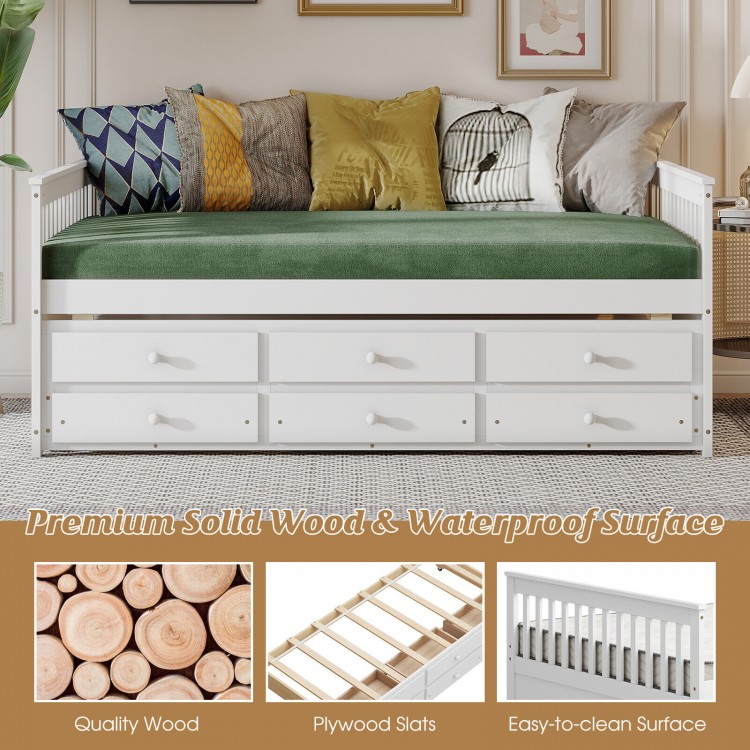 Full Size Wood Daybed Frame with Trundle Bed and 3 Storage Drawers