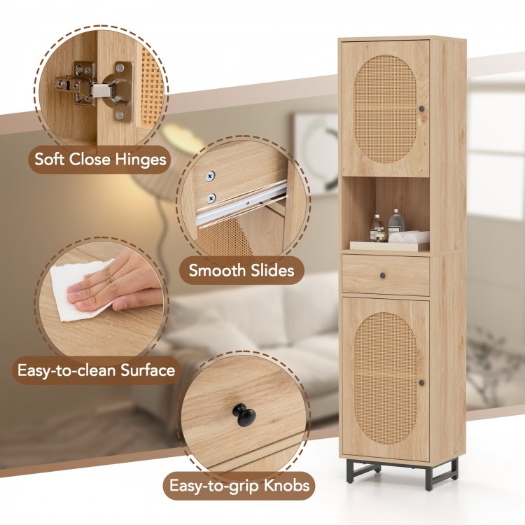 67 Inch Tall Bathroom Cabinet PE Rattan Floor Cabinet with 2 Doors