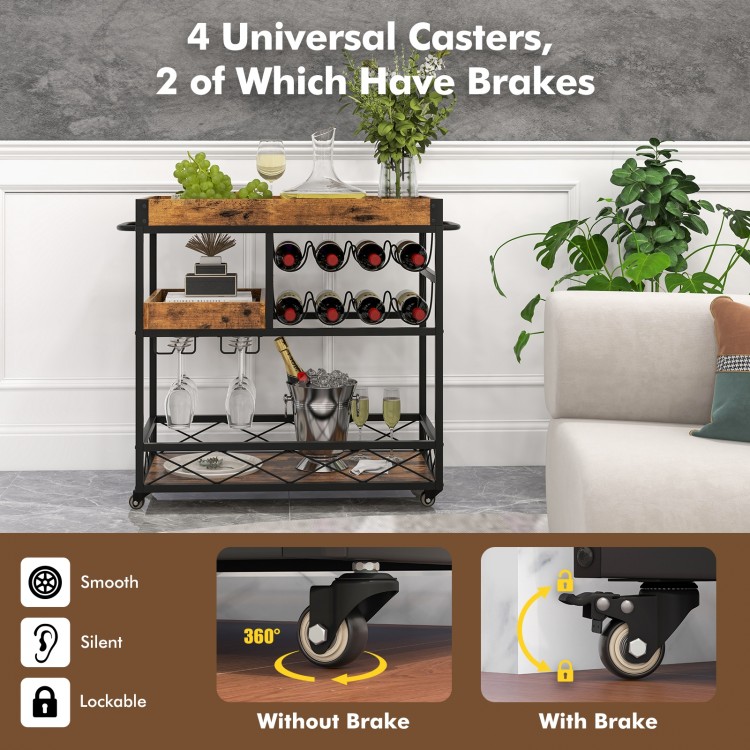 3-Tier Rolling Bar Cart with Removable Tray and Wine Rack