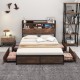Full/Queen Size Bed Frame with Bookcase Headboard and 4 Storage Drawers