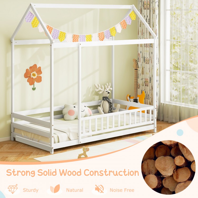 Twin Size Kids House Bed Wooden Floor Bed with Roof and Full-length Safety Guardrail