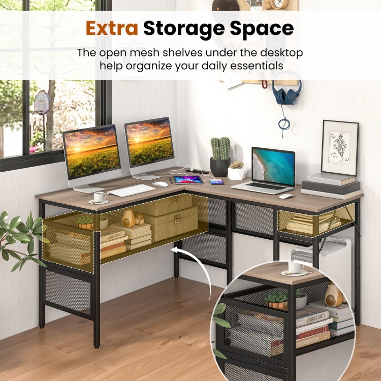 L-Shaped Computer Desk with Charging Station and Adjustable Shelf