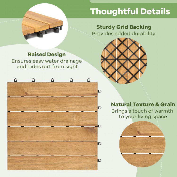 30 PCS Interlocking Deck Tiles 12 x 12 Inch Acacia Wood Patio Tiles with Straight Slats