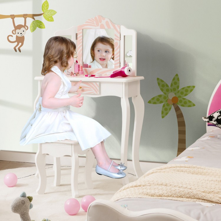 2-in-1 Kids Vanity Table Set with Tri-Folding Mirror