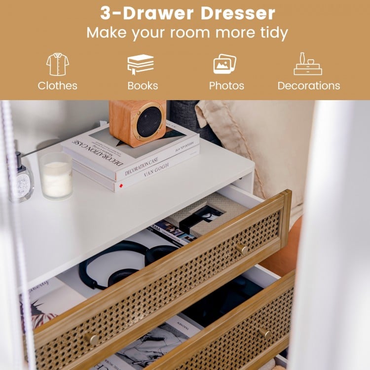 3-Drawer Rattan Dresser Chest with Anti-toppling Device