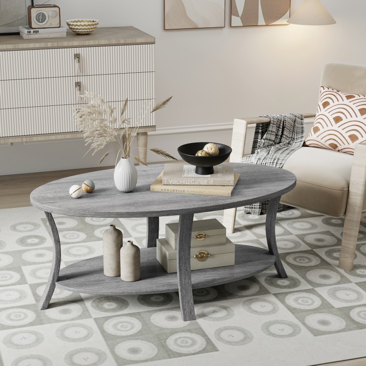 Oval Coffee Table 2-Tier Center Table with Storage Shelf