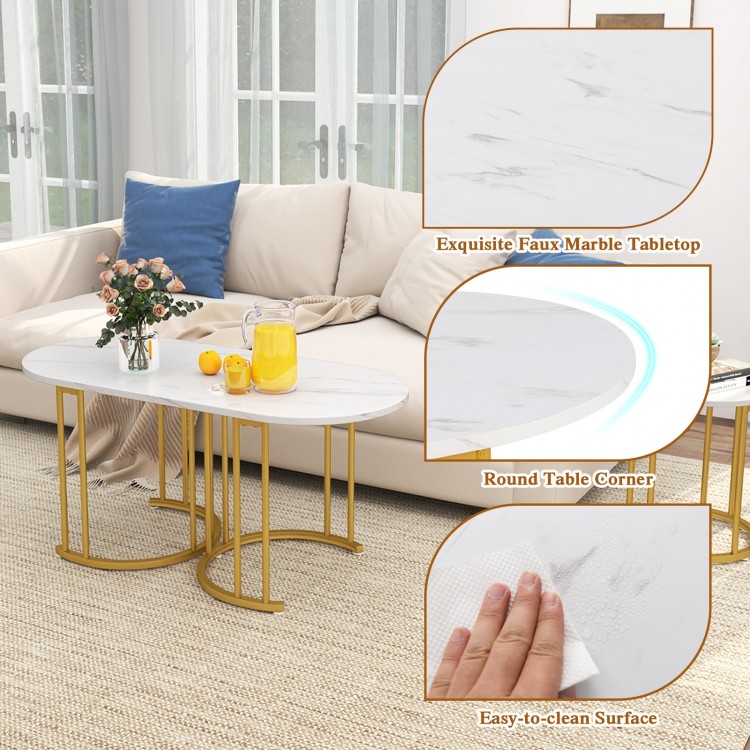 Nesting Coffee Table Set of 3 with Faux Marble Tabletop and Powder-coated Gold Metal Frame