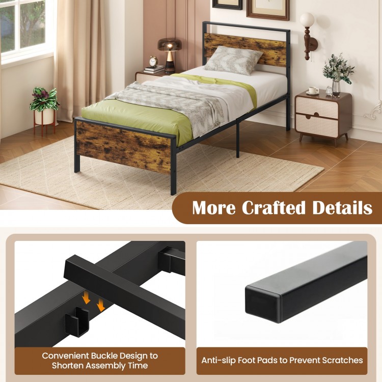 Twin/Full/Queen/King Metal Bed Frame Industrial Platform Bed with Wooden Headboard