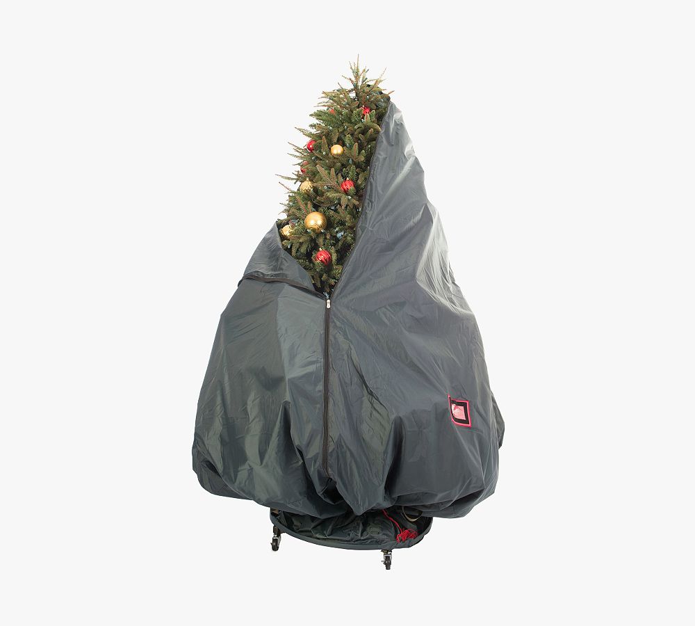 Decorated Upright Tree Storage Bag with Rolling Stand – Water-Resistant, Fits Up to 9′ Trees, Easy Zip Closure