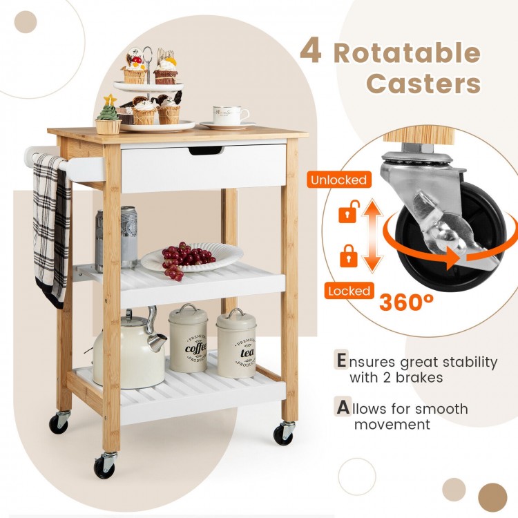 3-Tier Kitchen Island Cart Rolling Service Trolley with Bamboo Top