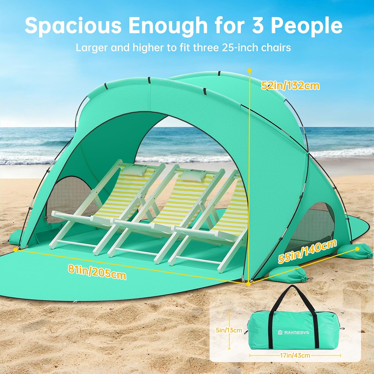 Beach Tent Sun Shelter, Beach Shade Tent with UPF50+ UV Protection, Beach Sun Shelter, Beach Shade with 2 Zippered Doors, Portable Beach Tent for Beach Camping Fishing