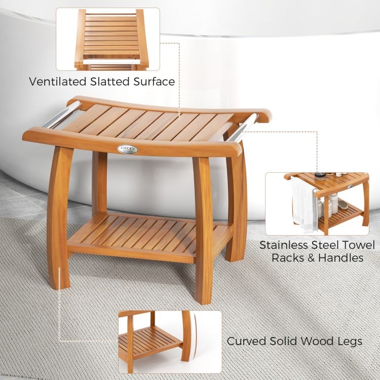 2-Tier Teak Wood Shower Bench Shower Stool with Curved Seat and Handles