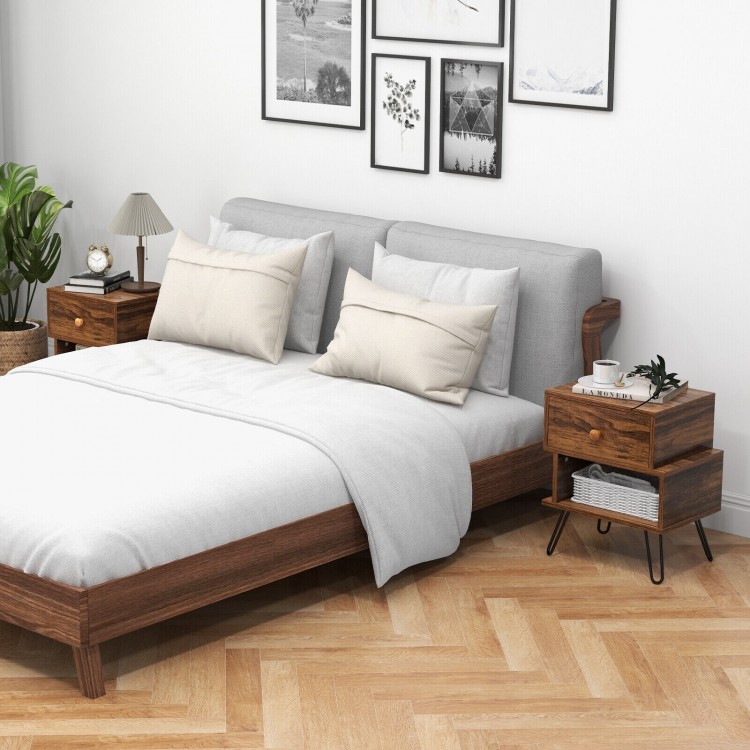 Set of 2 Irregular 2-Tier Wooden Nightstands with Elevated Metal Feet