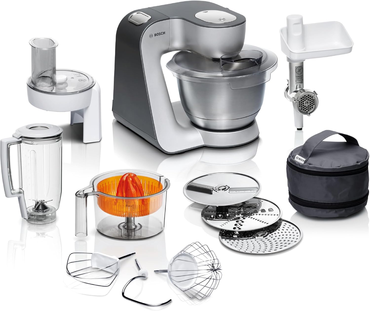 Bosch foodprocessor MUM5 Styline MUM56340, skål 3,9 L blender 1,25 L kødkværn, citruspresse, planetarisk røreværk, dejkrog, piskeris gennemgående udskæring, 3 skiver, 900 W, sølv