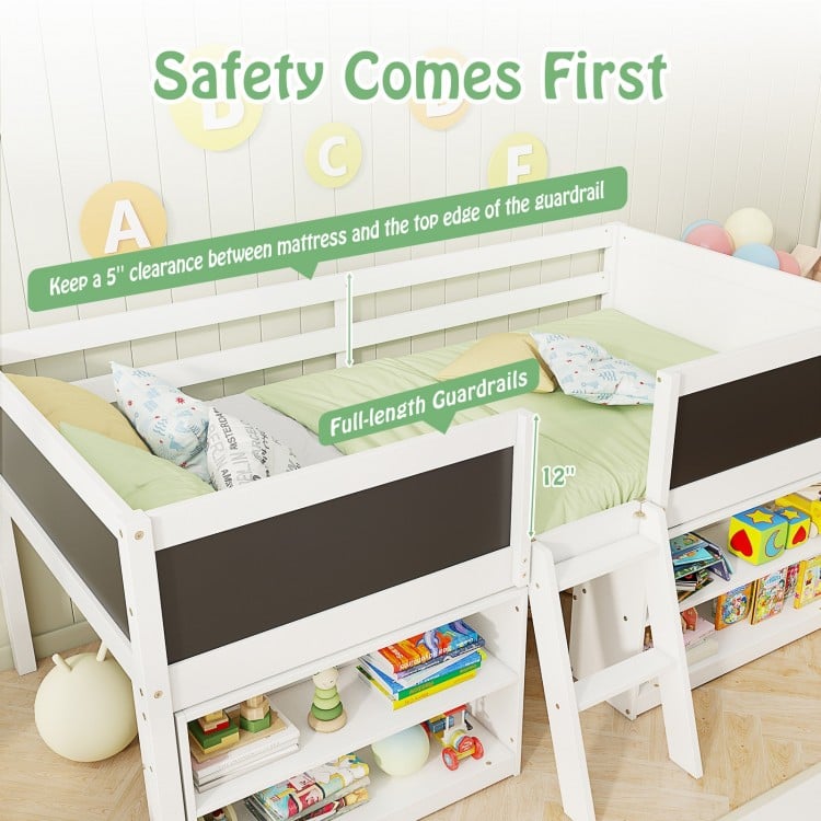 Kid Twin Size Low Loft Bed with Chalkboard Ramp Ladder and Bookcases